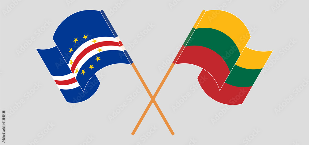 Crossed and waving flags of Cape Verde and Lithuania