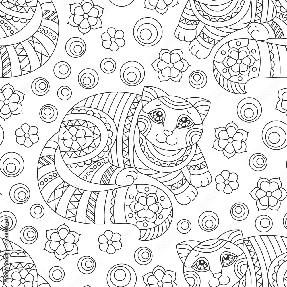 Seamless pattern with dark contour cats and flowers in stained glass style on a white background Seamless pattern with dark contour cats and flowers in stained glass style on a white background