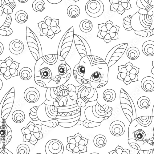 Seamless pattern on the theme of the Easter holiday, cute cartoon dark contour rabbits and flowers, outline animals on a white background © Zagory