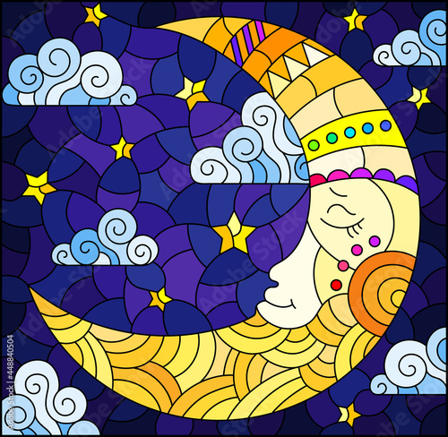 Illustration in stained glass style with moon on cloudy sky background, horizontal orientation