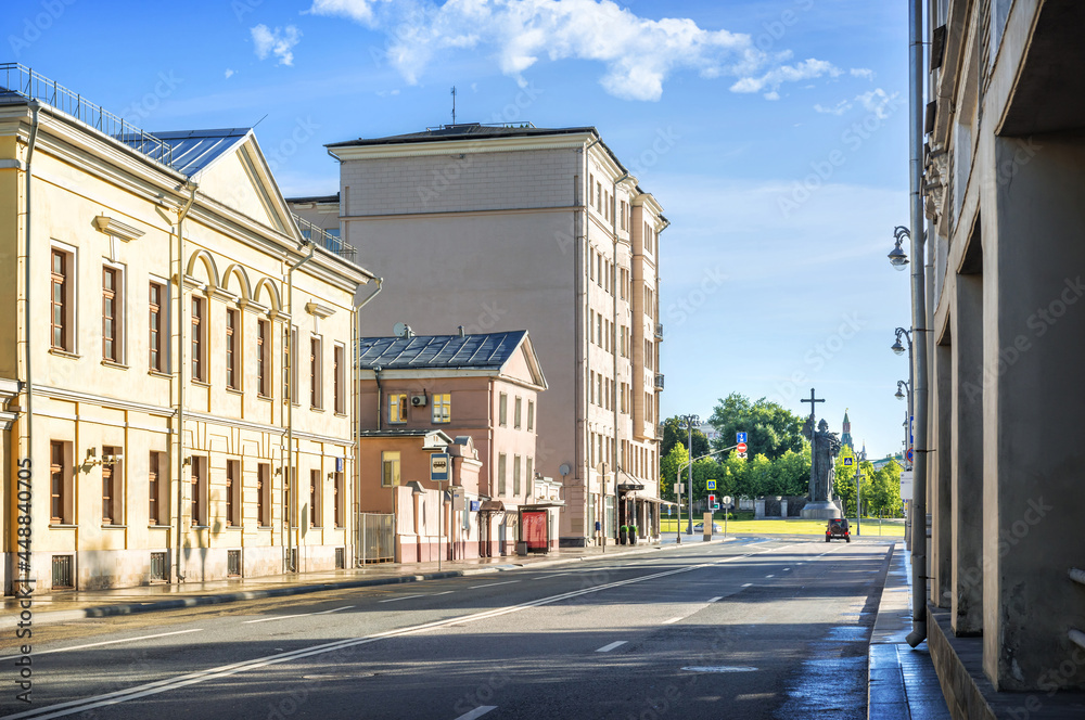Buildings on Volkhonka Street and a monument to Prince Vladimir on Borovitskaya Square in Moscow