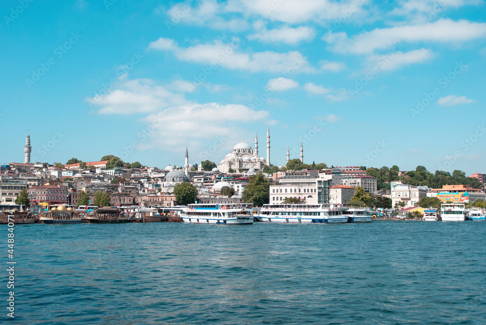 A view of city buildings and Suleymaniye Mosque and Gold Horn from bridge in Istanbul.