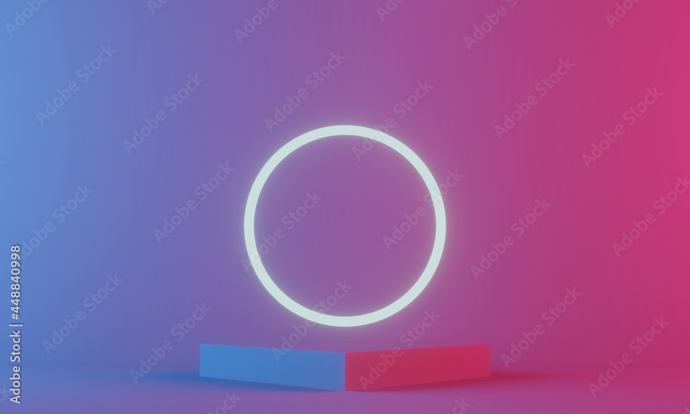 3d podium with round neon circle for advertising. Warm and cold colors combination. Blank product stage. Blank product stage. Pedestal or platform, background for product presentation.