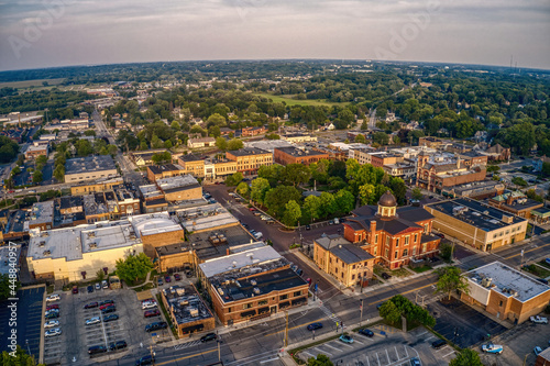 Wallpaper Mural Aerial View of Downtown Woodstock, Illinois during Summer Twilight