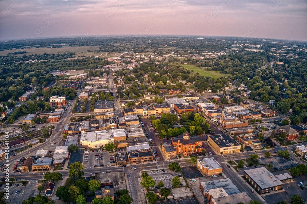 Aerial View of Downtown Woodstock, Illinois during Summer Twilight