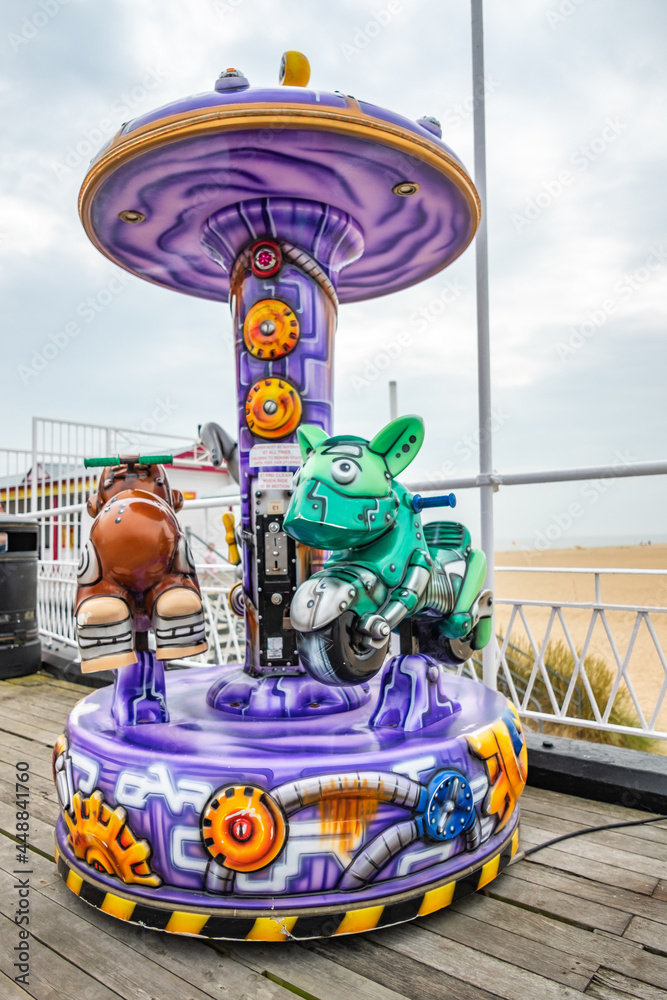 Great Yarmouth, Norfolk, UK – July 12 2021. Close and selective focus on a child’s fairground ride located on the Victorian Britannia pier in the coastal resort of Great Yarmouth