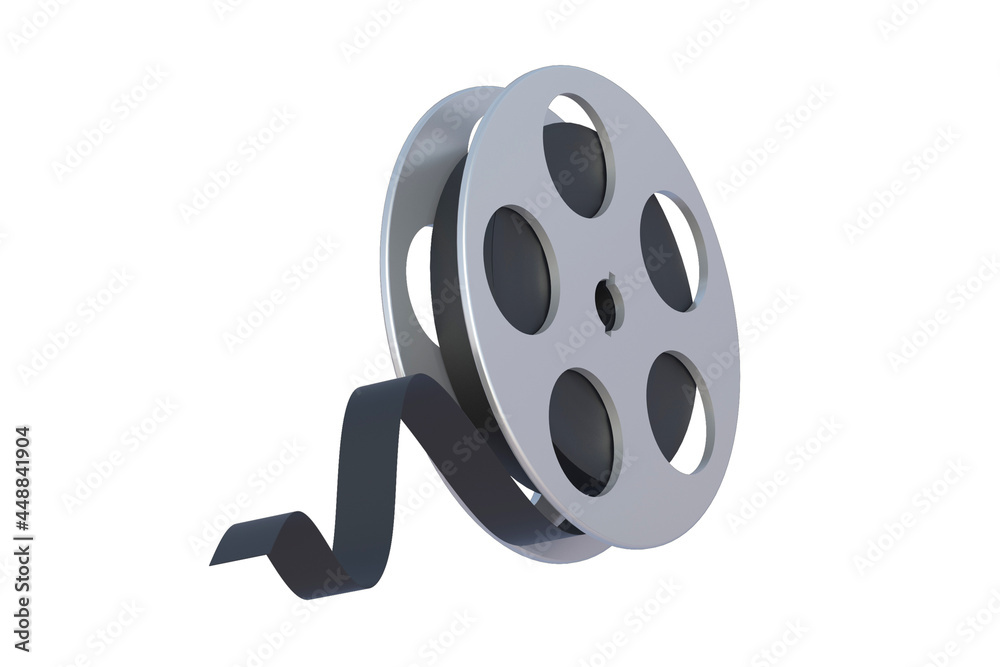 Film reel in metal frame isolated on white background. Cinematography tape. 3d render