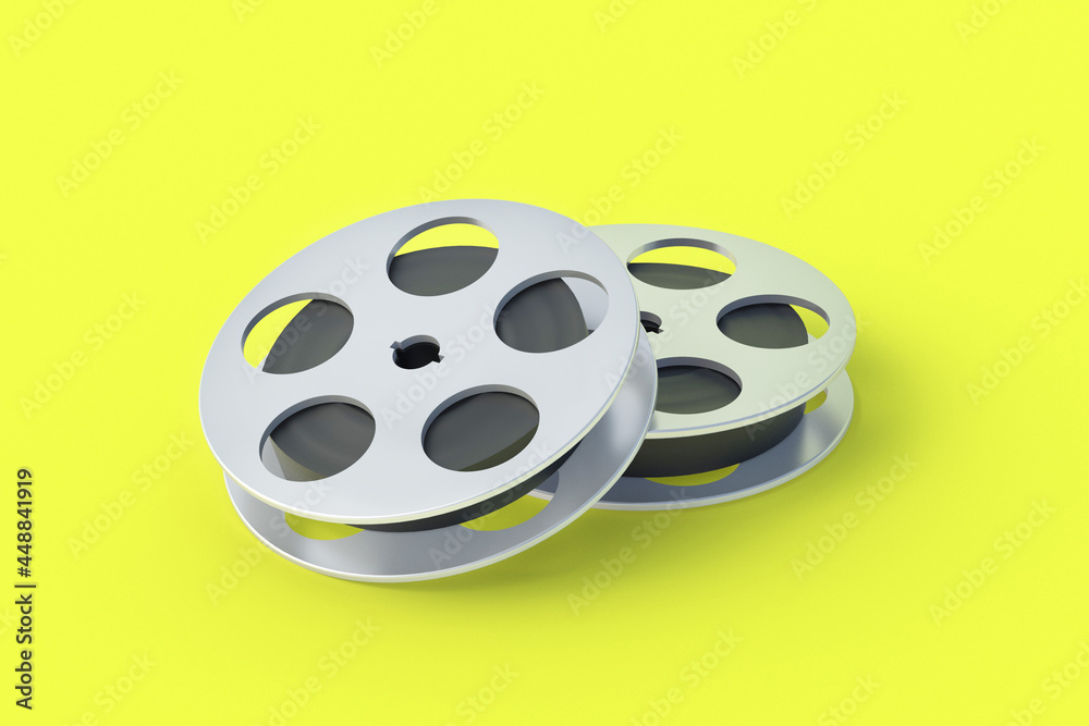 Film reel in metal frame on yellow background. Cinematography tape. Retro technology. Cinema premiere. Documentary shooting. 3d render