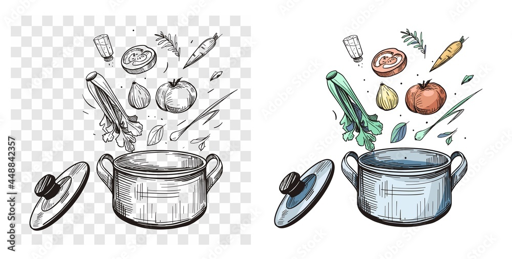 Vegetables fall into the pot. Soup cooking. Vector illustration - obrazy, fototapety, plakaty 