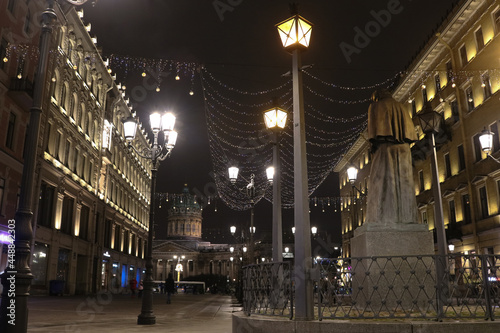 New Year's illumination on the background of Nevsky Prospekt and Kazan Cathedral, magical, fabulous, Christmas night
