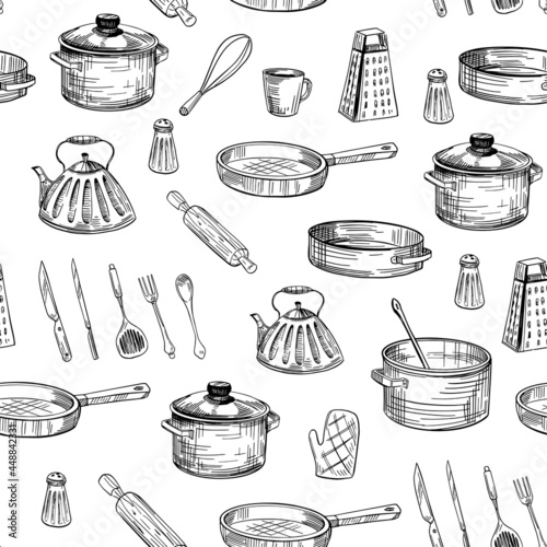 Seamless pattern. Cook's tools and items set. kitchen utensils .Hand-drawn design elements. Vector illustration