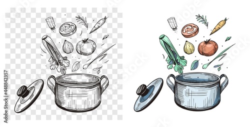 Vegetables fall into the pot. Soup cooking. Vector illustration