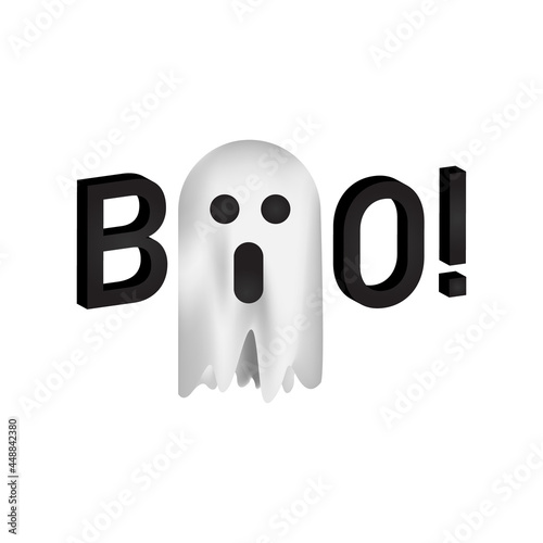 3d halloween boo text with ghost design isolated on white background