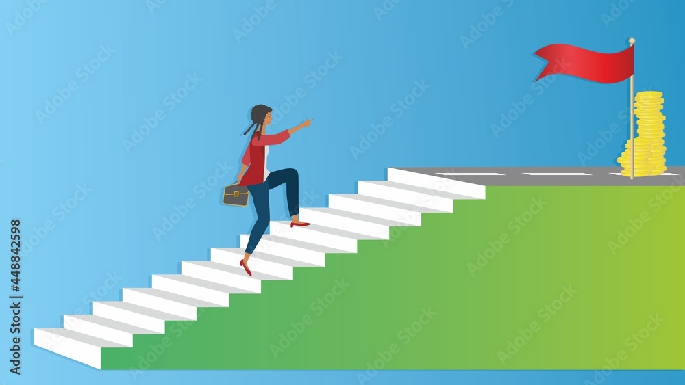 Woman climbing in stairs, determined to get to sunny days. Dimension 16:9. Vector illustration. EPS10.