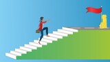 Woman climbing in stairs, determined to get to sunny days. Dimension 16:9. Vector illustration. EPS10.