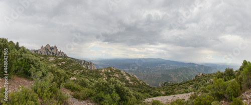 Panoramic view from Serra llarga above Montserrat Abbey, Barcelona.
