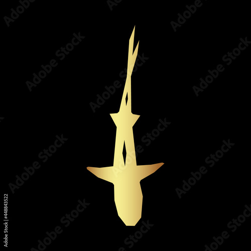 Golden logo, shark view from the top. Floating down. On a black background. For printing on clothes, symbol company. For your design.