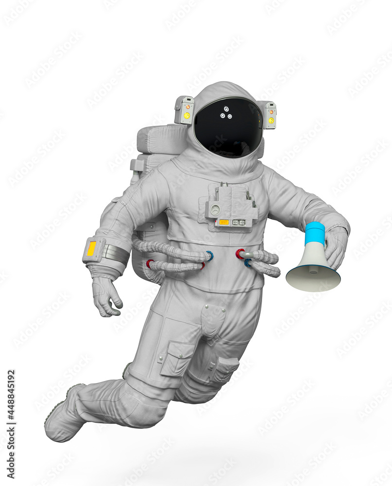 astronaut is drifting and holding a bullhorn on his hand astronaut is drifting and holding a bullhorn on his hand