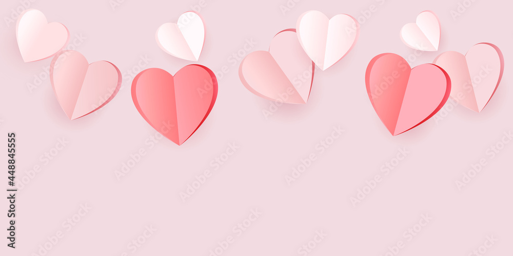 Flying paper hearts decoration isolated on soft pink background. Love symbol. Greeting card for Woman, Mother, Valentines Day. Vector.