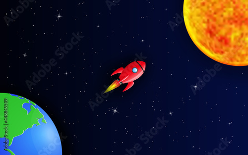 Rocket flying in the starry galactic space from the Earth to the Sun.