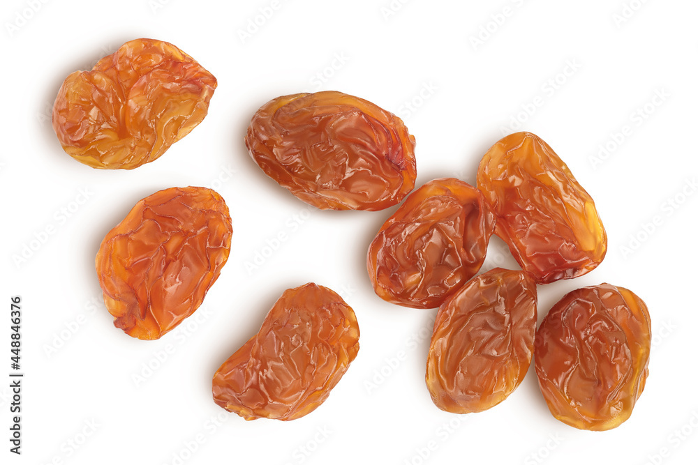 Brown raisin isolated on white background with clipping path. Top view. Flat lay Brown raisin isolated on white background with clipping path. Top view. Flat lay