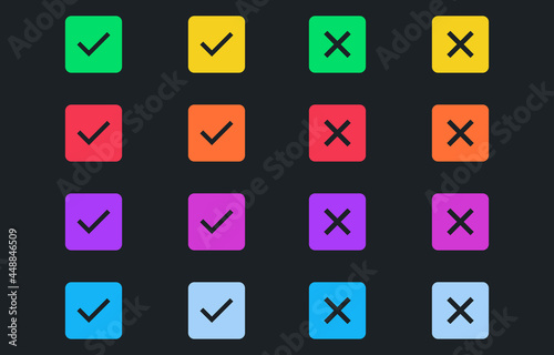 Set of colorful tick and cross on dark background. Simple check marks icon. YES or NO accept and decline symbol. Buttons for vote, election choice. Check mark OK and X icons. Vector illustration