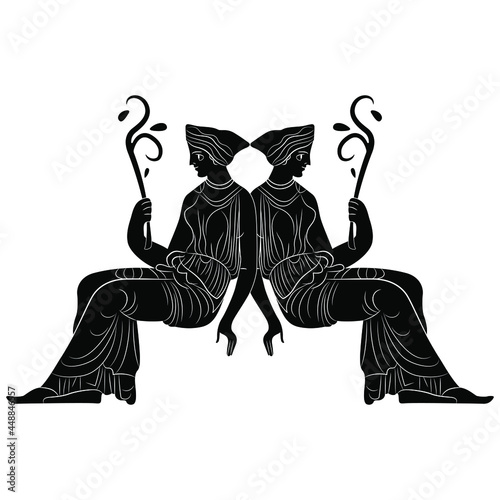 Two sitting ancient Greek women or goddesses holding floral branches. Demeter and Persephone. Black and white silhouette. Isolated vector illustration. 