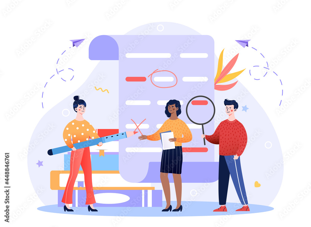 English Grammar Examination concept. Characters Correct Mistakes and Errors  on Test Written on Huge Paper. Teacher checks the students work. Cartoon  flat vector illustration on a white background Stock Vector | Adobe