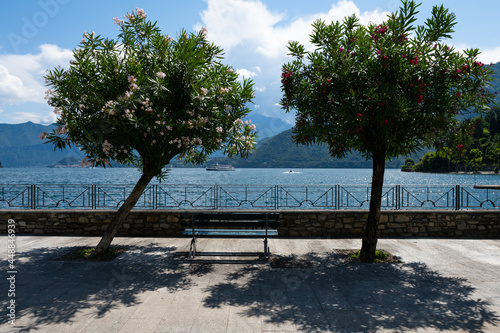 Fototapeta Naklejka Na Ścianę i Meble -  View over the beautiful, gorgeous lake Como seen from the village of Lenno. It is a beautiful sunny summer day, with blue sky and a few clouds. There are boats on the lake
