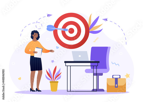 Focusing on work goal concept. Complete objective as target accuracy and precise shot. Woman works hard to achieve good results and career growth. Cartoon flat vector illustration on white background