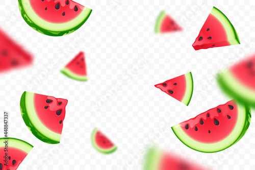 Falling fresh ripe watermelon slices isolated on transparent background. Flying defocusing red watermelon pieces. Close-up juicy fruit. Vector illustration.