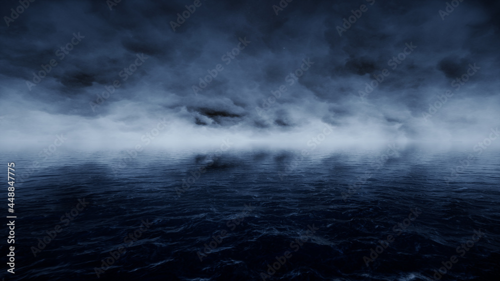 Dark Night Cloudy Sky and Ocean 3D Render Background Dark Night Cloudy Sky and Ocean 3D Render Background