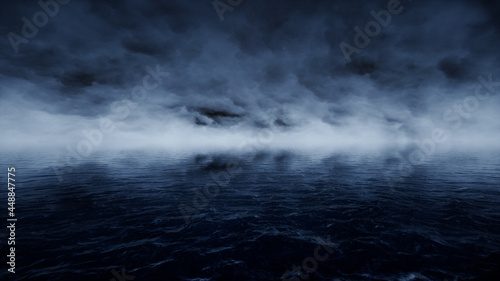 Dark Night Cloudy Sky and Ocean 3D Render Background