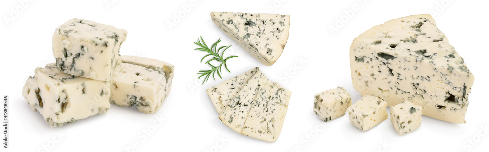 Blue cheese with rosemary isolated on white background with full depth of field. Set or collection