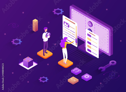 Scene for web design concept. Conceptual template with computer and people building website interface. Man and woman create website using special tools and programs. Cartoon flat vector illustration