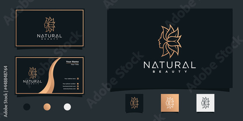 Natural beauty woman logo with unique floral element and business card design Premium Vecto