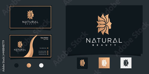 Beautiful woman hair salon logo design with gold gradient colour and business card Premium Vecto