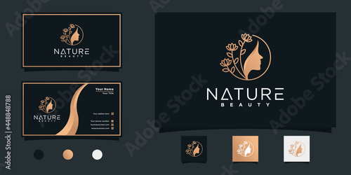 Natural beauty woman face logo with beauty golden gradient style Premium Vector