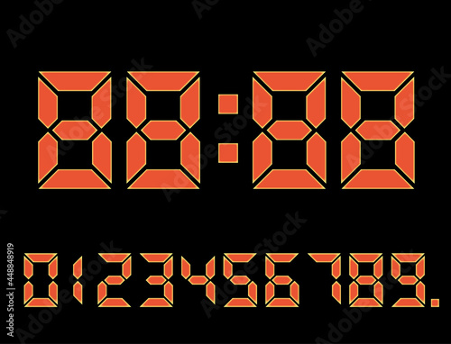 7セグメントのデジタル数字イラスト素材セット0～9時計の文字ボールドウエイト　蛍光オレンジ　FLディスプレイ　7 segment