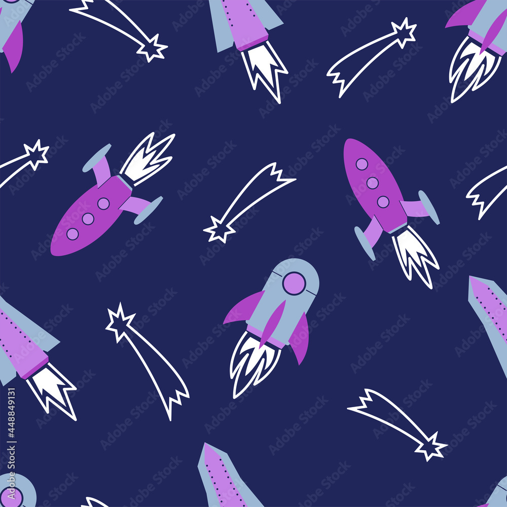 Rocket seamless pattern on dark blue background with comets. Various spaceships vector illustration. Good for fabrics, textile, clithing, nursery, stationery, print, wrapping paper. Rocket seamless pattern on dark blue background with comets. Various spaceships vector illustration. Good for fabrics, textile, clithing, nursery, stationery, print, wrapping paper.