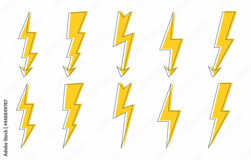 Set of lightning cartoon bolts in outline and fill selections. High voltage icon. Thunderbolt, lighting strike, flash symbol. Battery charger pictogram. Template for your design. Vector illustration Set of lightning cartoon bolts in outline and fill selections. High voltage icon. Thunderbolt, lighting strike, flash symbol. Battery charger pictogram. Template for your design. Vector illustration
