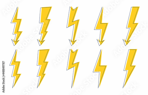 Set of lightning cartoon bolts in outline and fill selections. High voltage icon. Thunderbolt  lighting strike  flash symbol. Battery charger pictogram. Template for your design. Vector illustration