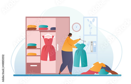 Cleaning the closet concept. Woman takes apart the wardrobe and carefully folds the clothes. Convenient location of clothing. Cartoon modern flat vector illustration isolated on white background