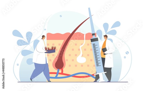 Consultation with trichologist concept. Doctors examine the hair and perform dermatoscopy procedure. Hair transplant in clinic. Cartoon gradient flat vector illustration isolated on white background