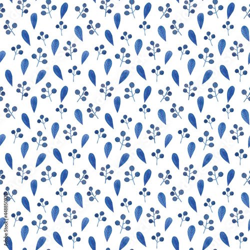 Cute seamless pattern Blue leaves and berries. Watercolor, hand drawn. Red, orange, yellow colors, isolated on white background. Good for kids fabric, textile, wrapping paper, wallpaper, prints