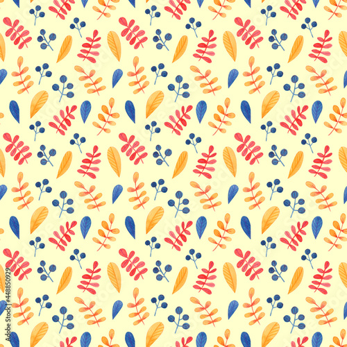 Cute colorful seamless pattern Autumn leaves and berries. Watercolor, hand drawn. Red, orange, yellow, blue colors. Good for kids fabric, textile, wrapping paper, wallpaper, prints