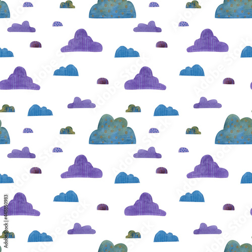 Cute colorful seamless pattern with night clouds. Watercolor, hand drawn. Blue violet colors, isolated on white background. Good for kids and baby fabric, textile, wrapping paper, wallpaper, prints