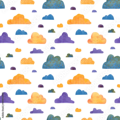 Cute colorful seamless pattern Night sky. Watercolor, hand drawn. Blue, orange, yellow colors, isolated on white background. Good for kids and baby fabric, textile, wrapping paper, wallpaper, prints