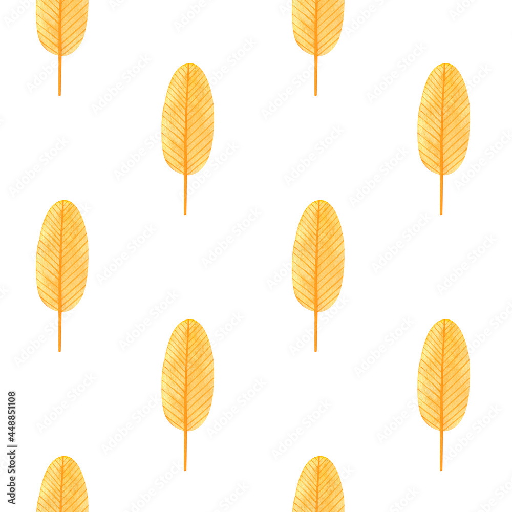 Obraz premium Cute colorful seamless pattern Yellow tree. Watercolor, hand drawn. Red, orange, yellow colors, isolated on white background. Good for kids fabric, textile, wrapping paper, wallpaper, prints