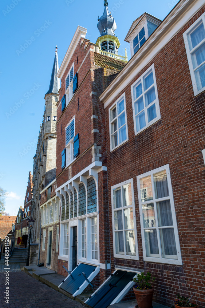 City view on old medieval houses in small historical town Veere in Netherlands, province Zeeland